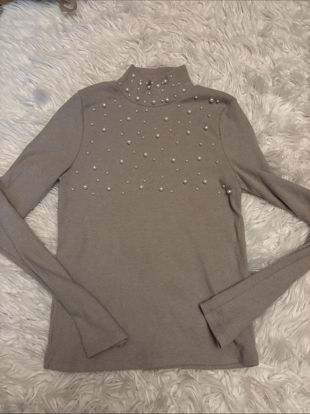 Zara Faux Pearl-Embellished Ribbed Turtleneck